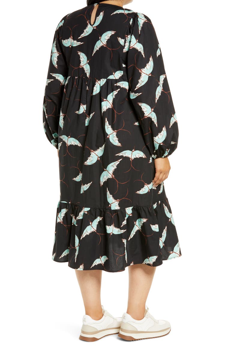 Black Swallows Smocked Long Sleeve Midi Dress, Alternate, color, BLACK
