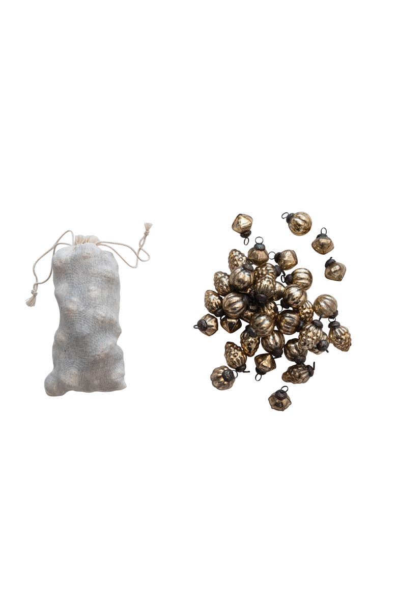 Embossed Mercury Glass Ornaments in Muslin Bag, Set of 36, Main, color, Antique Gold