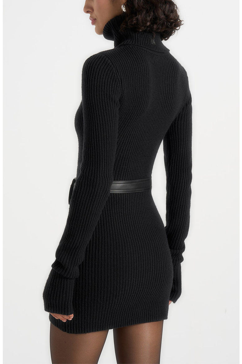 Kalia Roll Neck Knitted Mini Dress With Belt, Alternate, color, Black