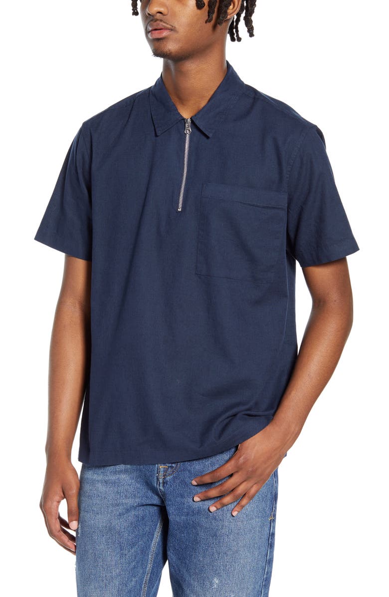 Topman Classic Fit Short Sleeve Quarter Zip Popover Shirt, Main, color, 