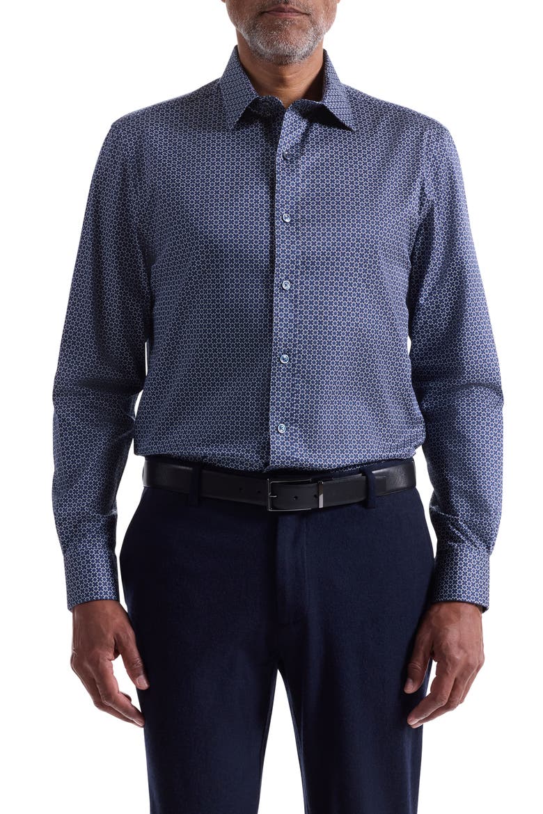 Julian Shaped Fit Geo Print Cotton Button-Up Shirt, Main, color, NIGHT BLUE