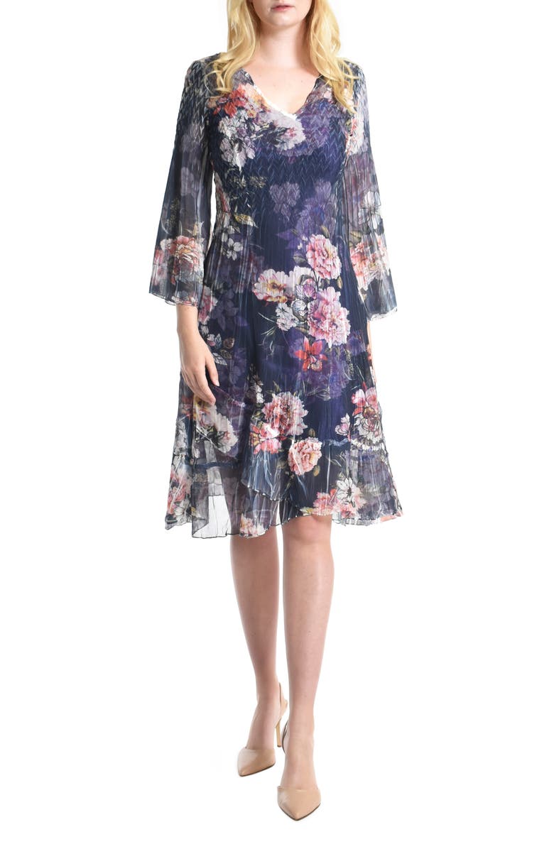Komarov Bell Sleeve Charmeuse & Chiffon A-Line Dress, Main, color, 