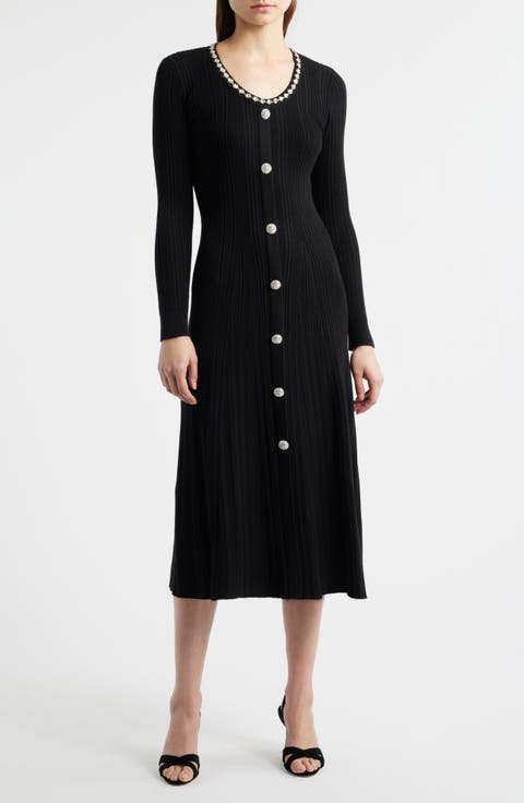 The Emmie Rhinestone Detail Long Sleeve Knit Dress