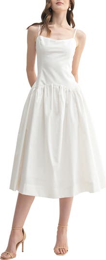 Drop Waist Cotton & Linen Midi Dress