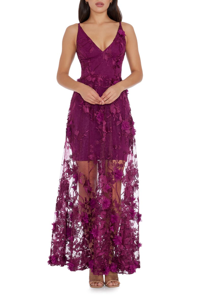 Sidney Deep V-Neck 3D Lace Gown, Main, color, DARK MAGENTA