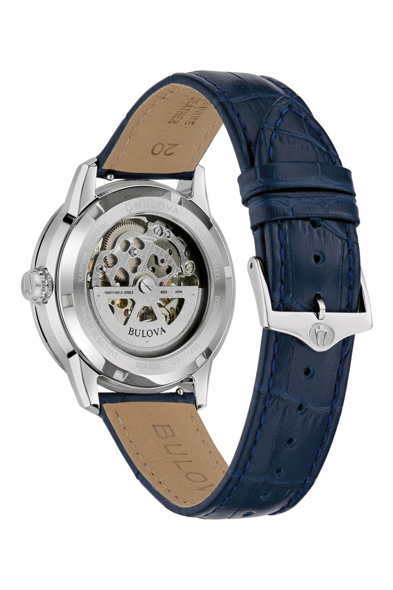 Sutton Skeleton Automatic Leather Strap Watch, 40mm, Alternate, color, BLUE