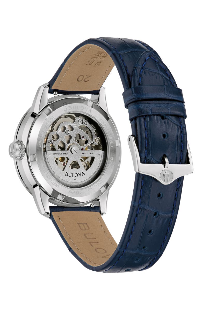 BULOVA Sutton Skeleton Automatic Leather Strap Watch, 40mm, Alternate, color, Blue