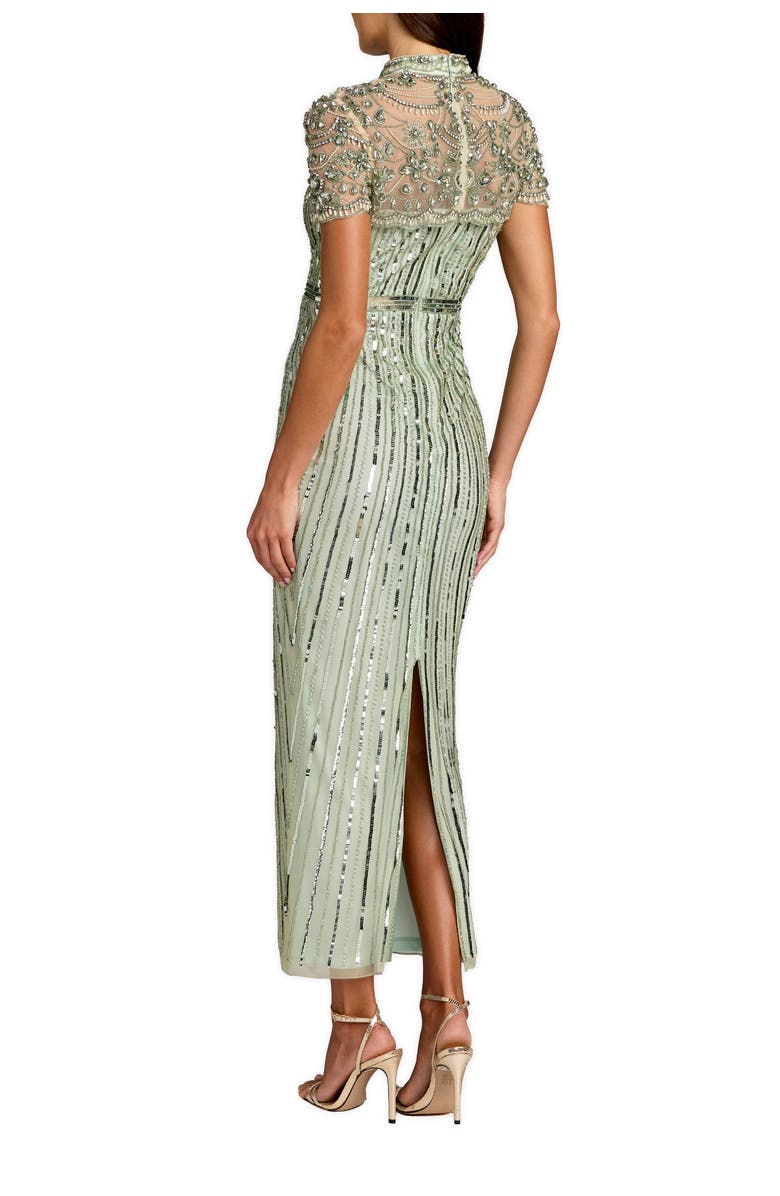 Mac Duggal Beaded Mesh Short Sleeve Mock Neck Midi Dress, Alternate, color, Light Sage