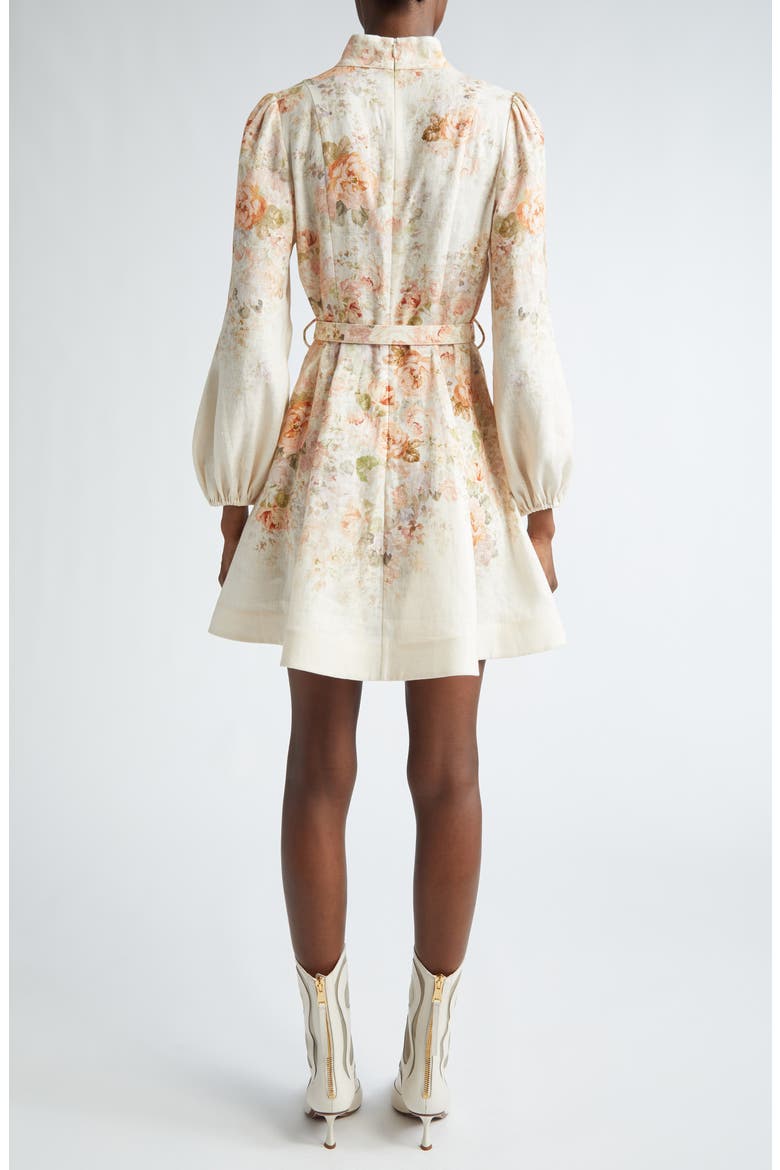 Illustration Floral Long Sleeve Belted Linen Minidress, Alternate, color, CREAM ROCOCO FLORAL