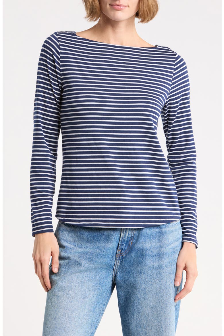 Striped Boat Neck Knit Top, Main, color, NAVY WHT STRIPE