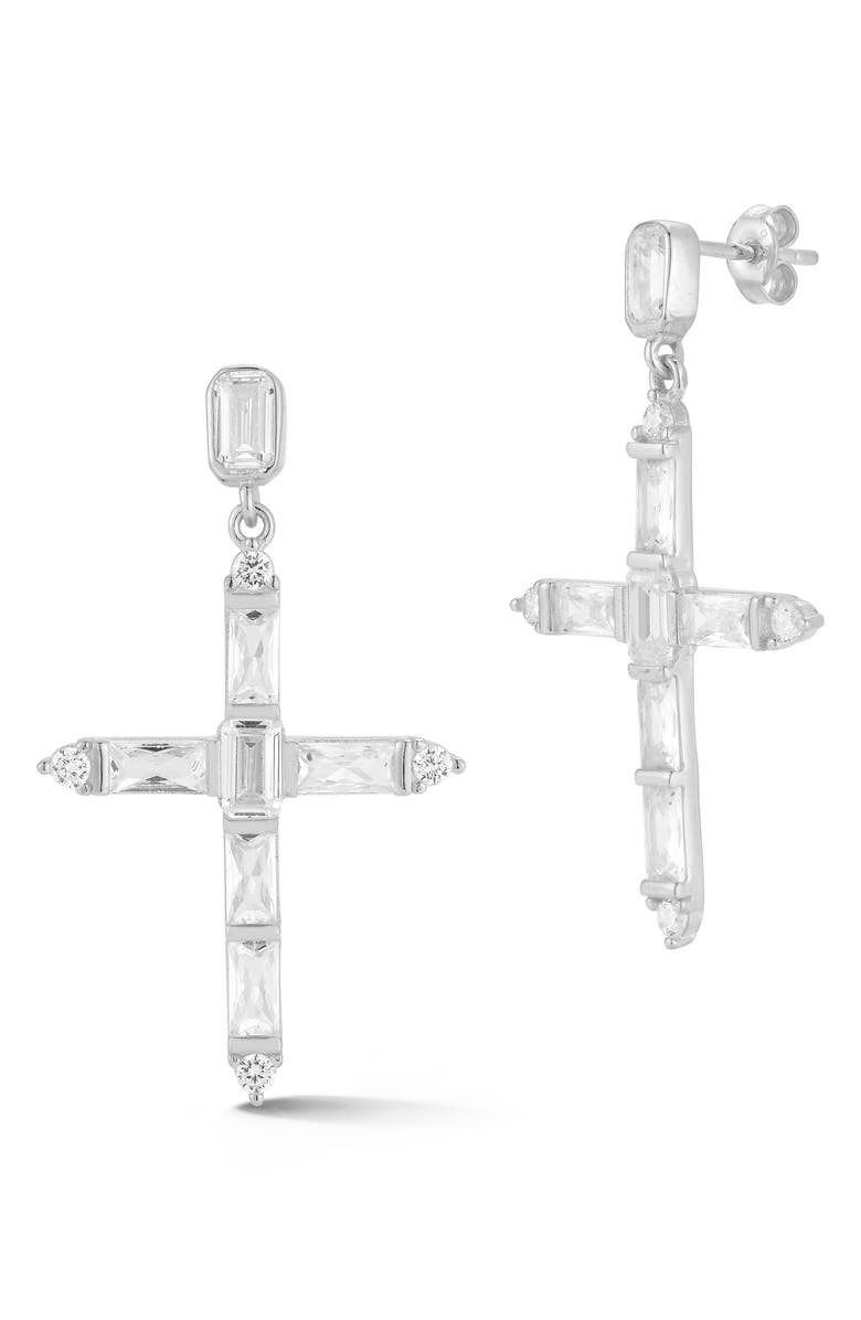 SPHERA MILANO Sterling Silver & CZ Cross Dangle Earrings, Main, color, Silver