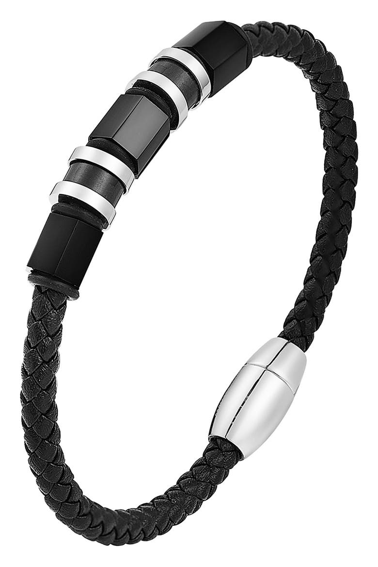 Men's Stainless Steel Ornaments Leather Bracelet, Alternate, color, BLACK