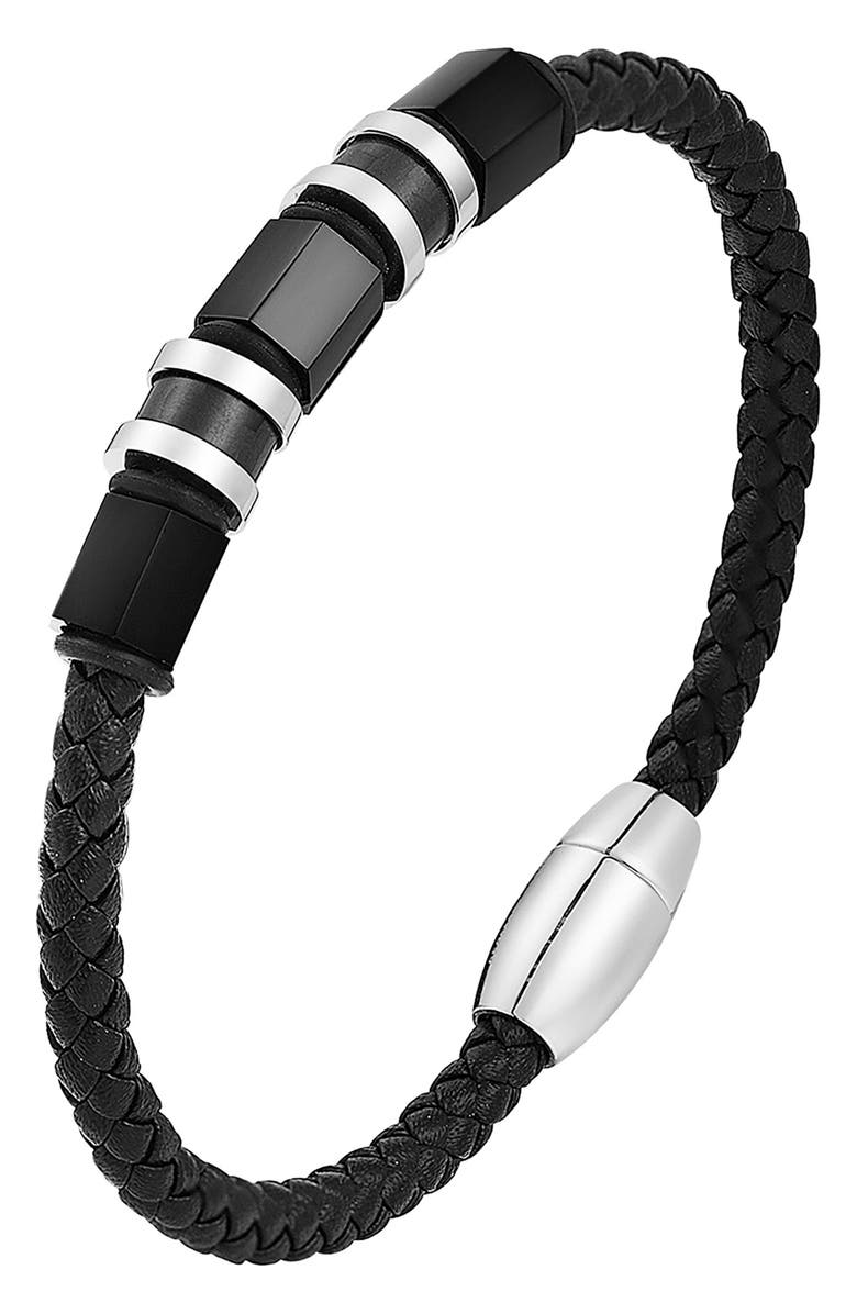 GEOFFREY BEENE Men's Stainless Steel Ornaments Leather Bracelet, Alternate, color, Black