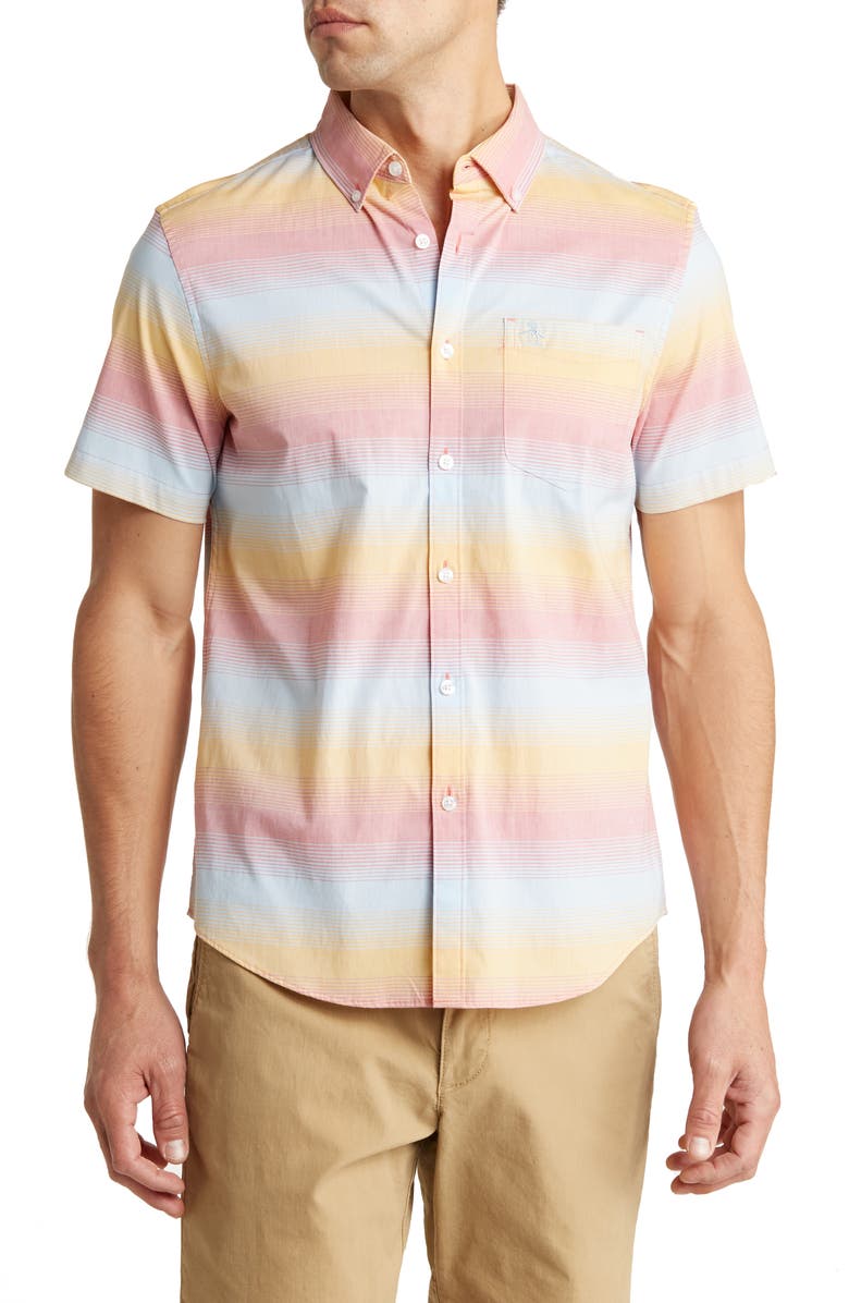 Original Penguin Hombre Stripe Cotton Short Sleeve Button-Up Shirt, Main, color,