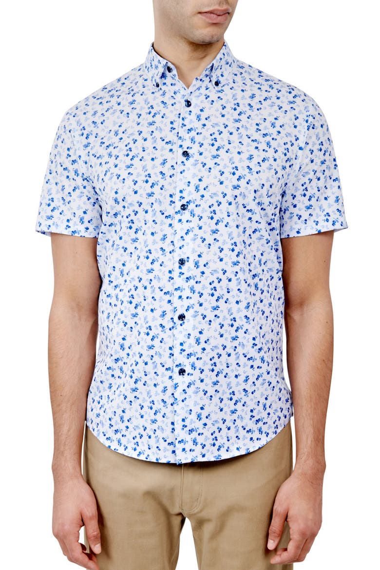 Slim Fit Falling Floral 4-Way Stretch Performance Short Sleeve Shirt, Main, color, BLUE