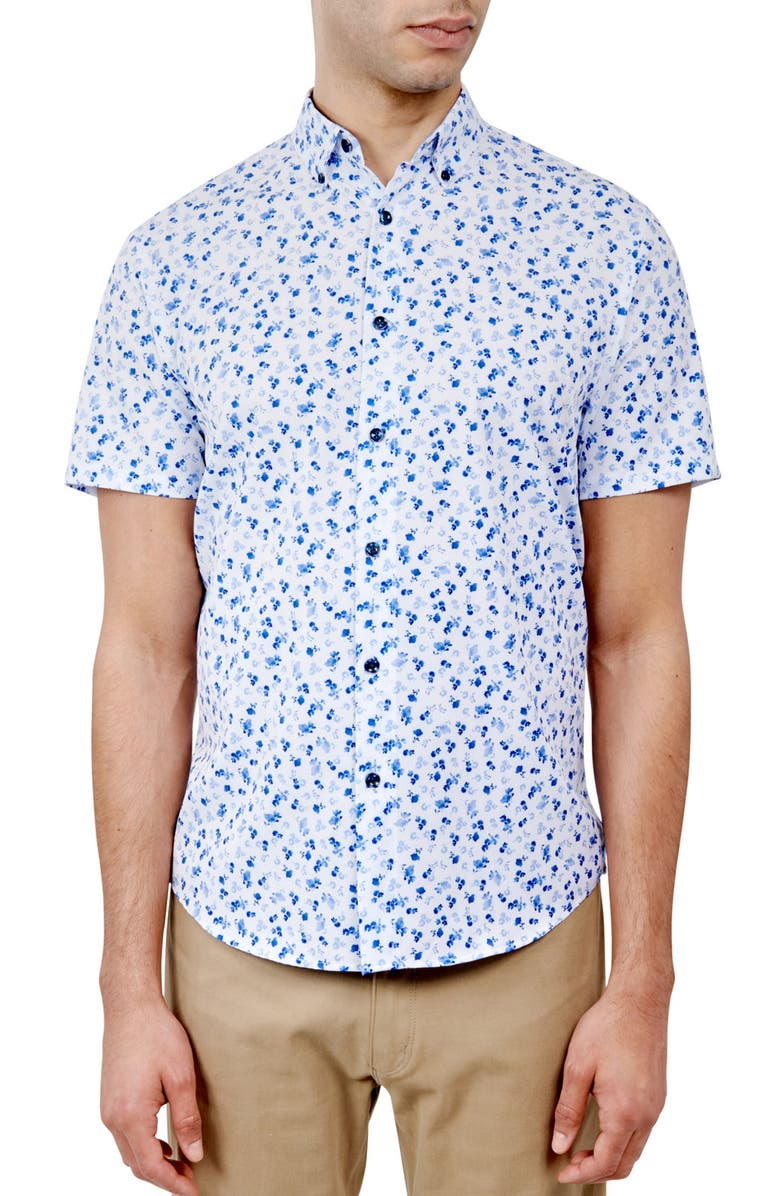 Brooklyn Brigade Slim Fit Falling Floral 4-Way Stretch Performance Short Sleeve Shirt, Main, color, Blue