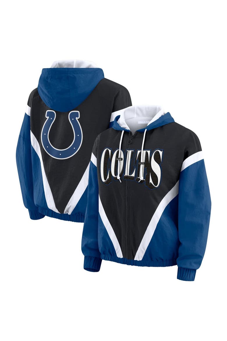 Women's WEAR by Erin Andrews Black/Royal Indianapolis Colts Plus Size Retro Crinkle Full-Zip Hoodie Windbreaker Jacket, Main, color, Black