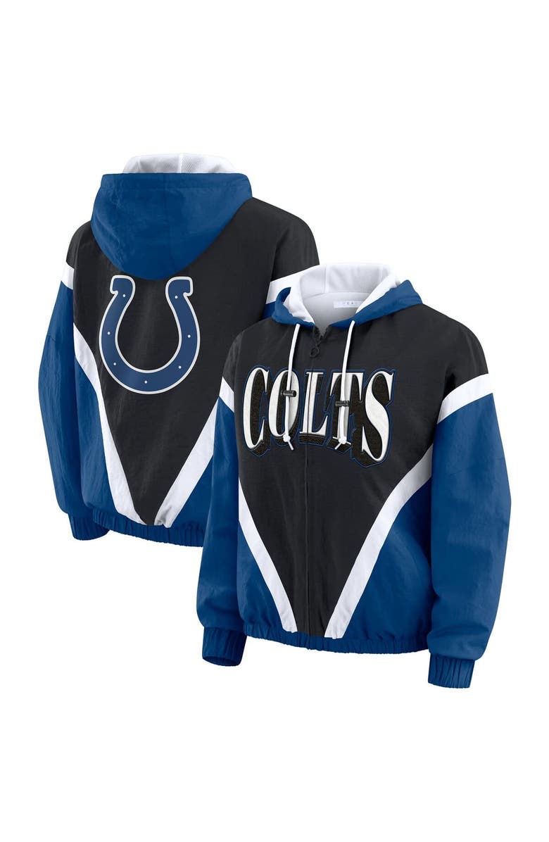 WEAR by Erin Andrews Women's WEAR by Erin Andrews Black/Royal Indianapolis Colts Plus Size Retro Crinkle Full-Zip Hoodie Windbreaker Jacket, Main, color, Black