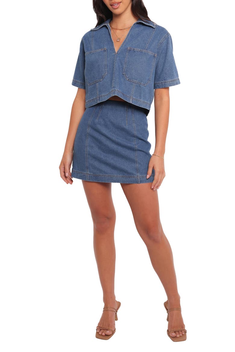 Cera Denim Crop Top & Miniskirt Set, Main, color, MEDIUM DENIM