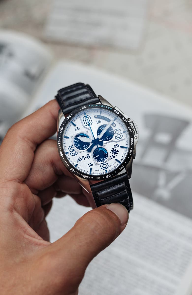 AVI-8 P-51 Mustang Blakeslee Chronograph Leather Strap Watch, 43mm, Alternate, color, White