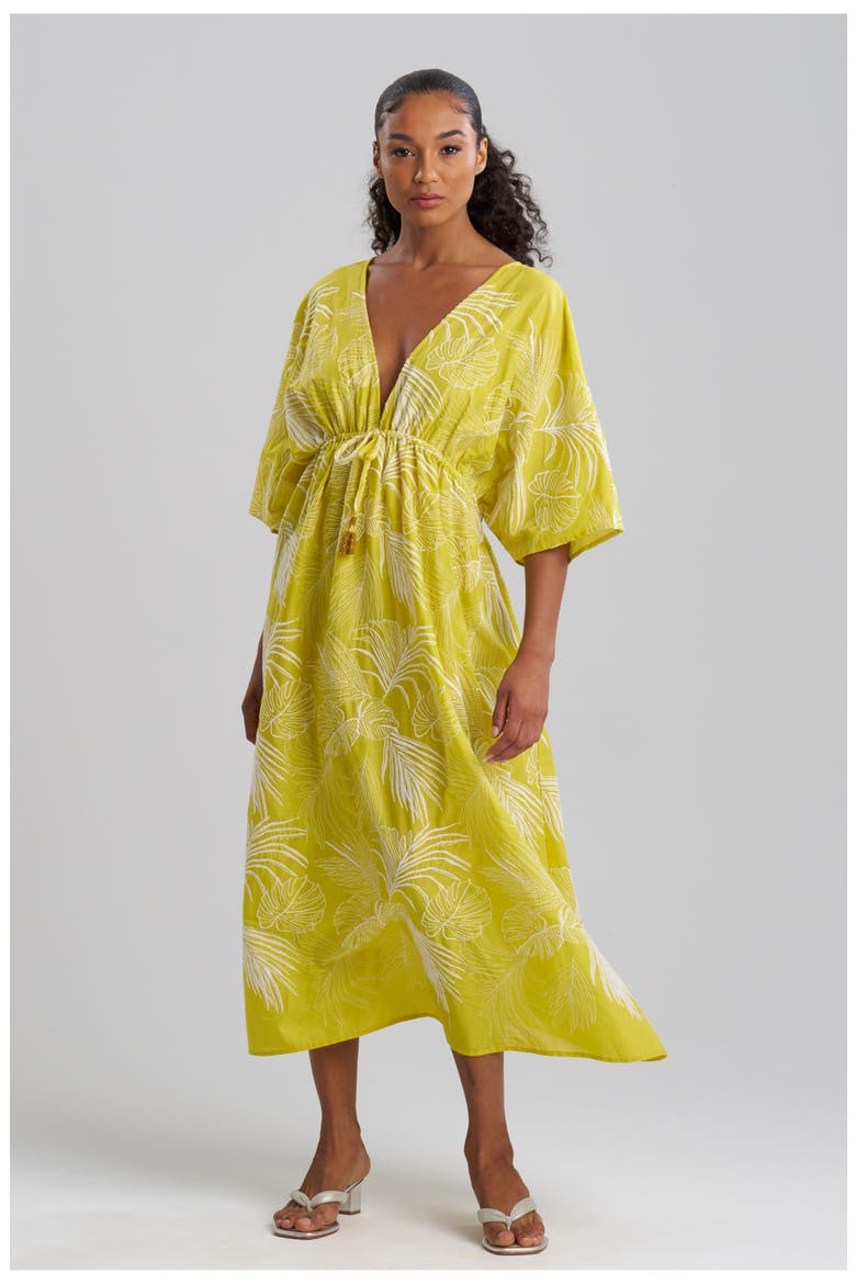 Palm Caftan cover-up Dress with Tassel, Main, color, CITRON