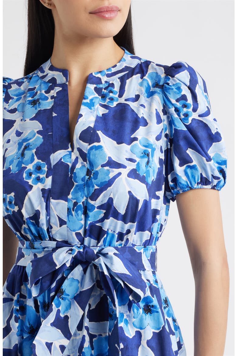 Floral Belted Puff Sleeve Cotton Midi Dress, Alternate, color, SANTORINI BLUE MULTI