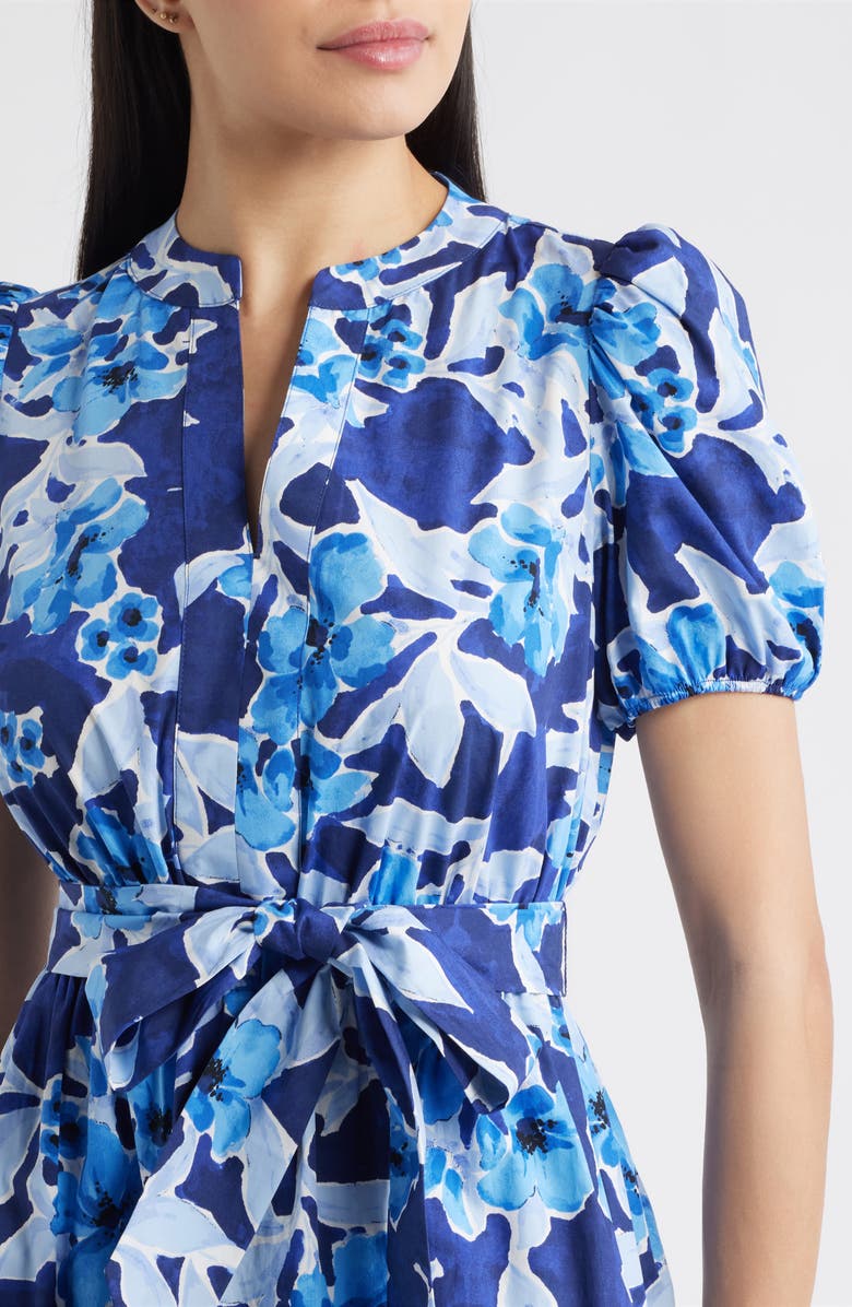 Anne Klein Floral Belted Puff Sleeve Cotton Midi Dress, Alternate, color, Santorini Blue