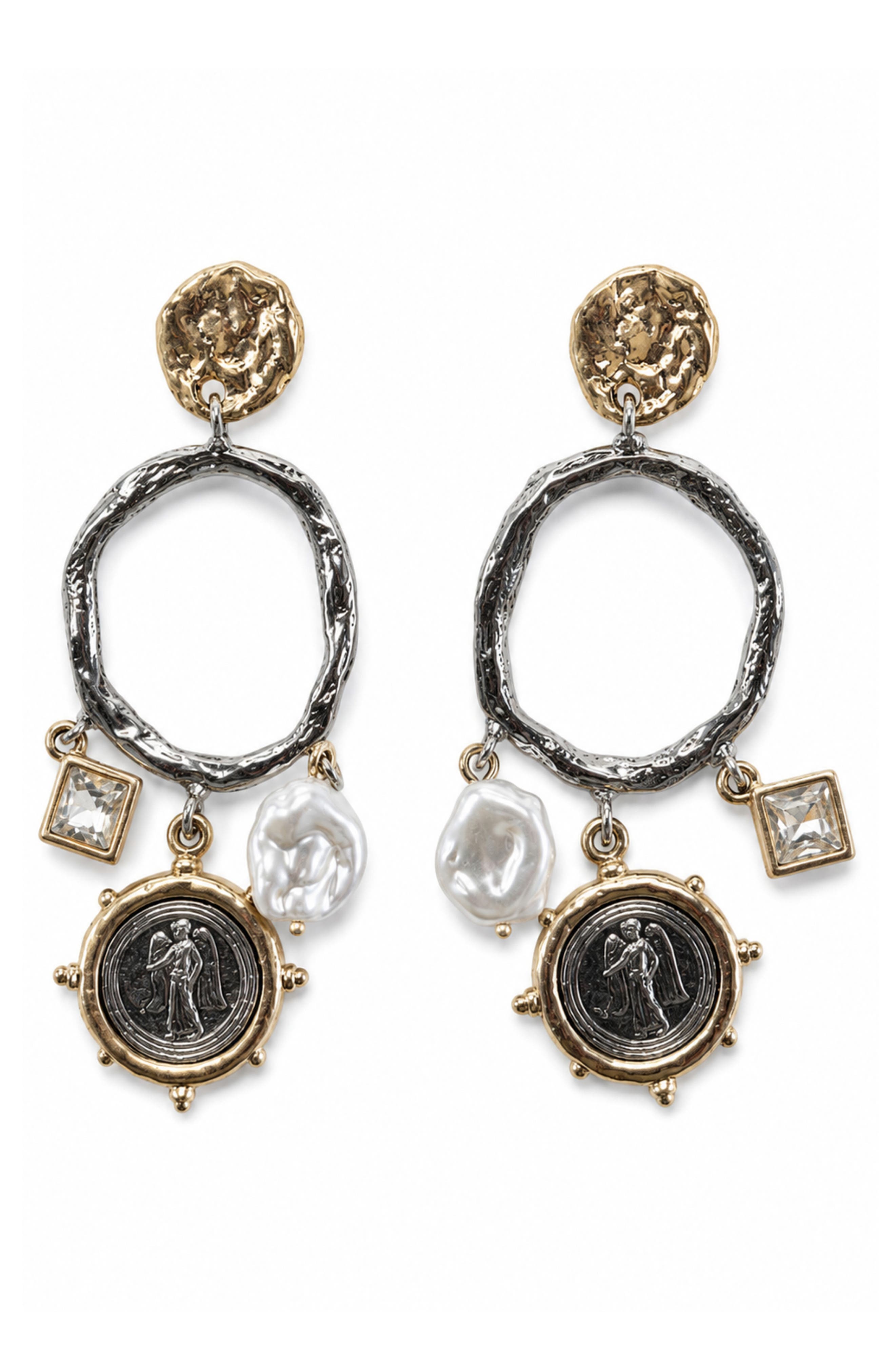 Two-Tone Coin, Faux Pearl & Crystal Drop Earrings