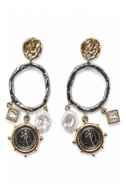 Two-Tone Coin, Faux Pearl & Crystal Drop Earrings