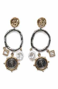 Two-Tone Coin, Faux Pearl & Crystal Drop Earrings