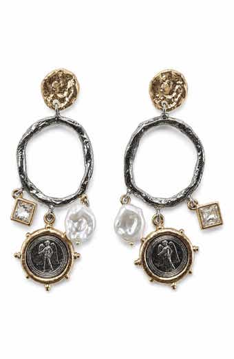 Two-Tone Coin, Faux Pearl & Crystal Drop Earrings