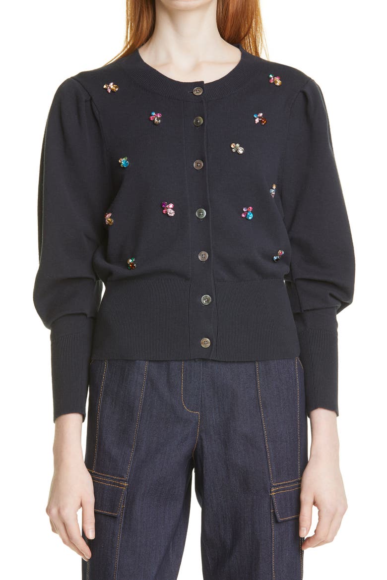 Cece Embellished Puff Sleeve Cardigan, Main, color, NAVY