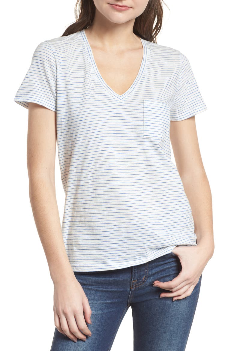 Whisper Cotton Stripe V-Neck Tee, Main, color, BRIGHT IVORY