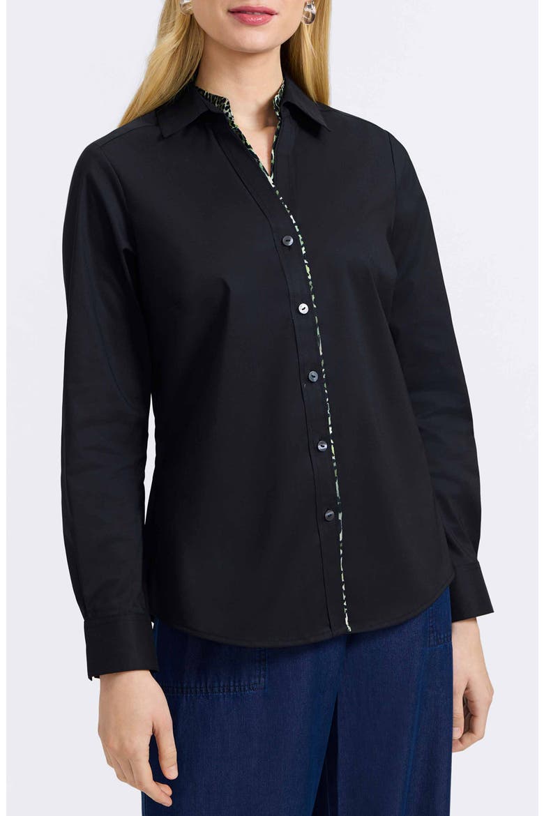 Marlee Leopard Trim Cotton Blend Button-Up Shirt, Main, color, BLACK