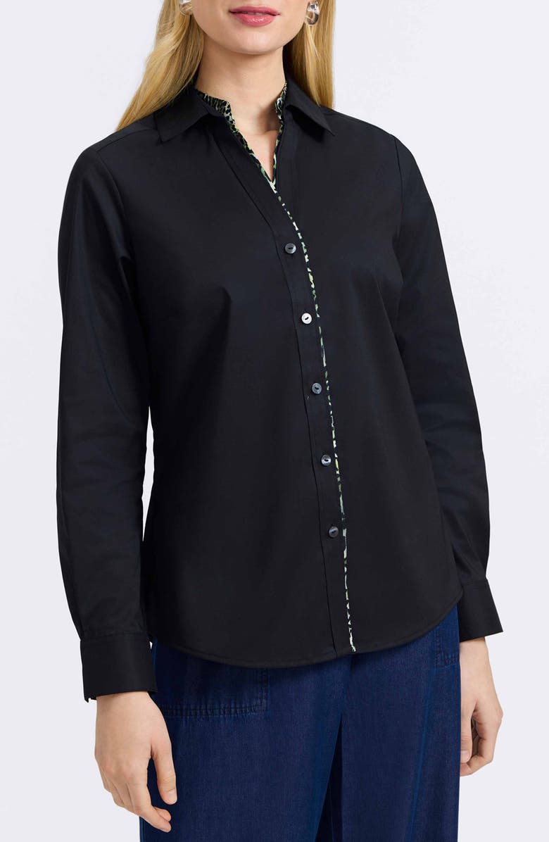 Foxcroft Marlee Leopard Trim Cotton Blend Button-Up Shirt, Main, color, Black