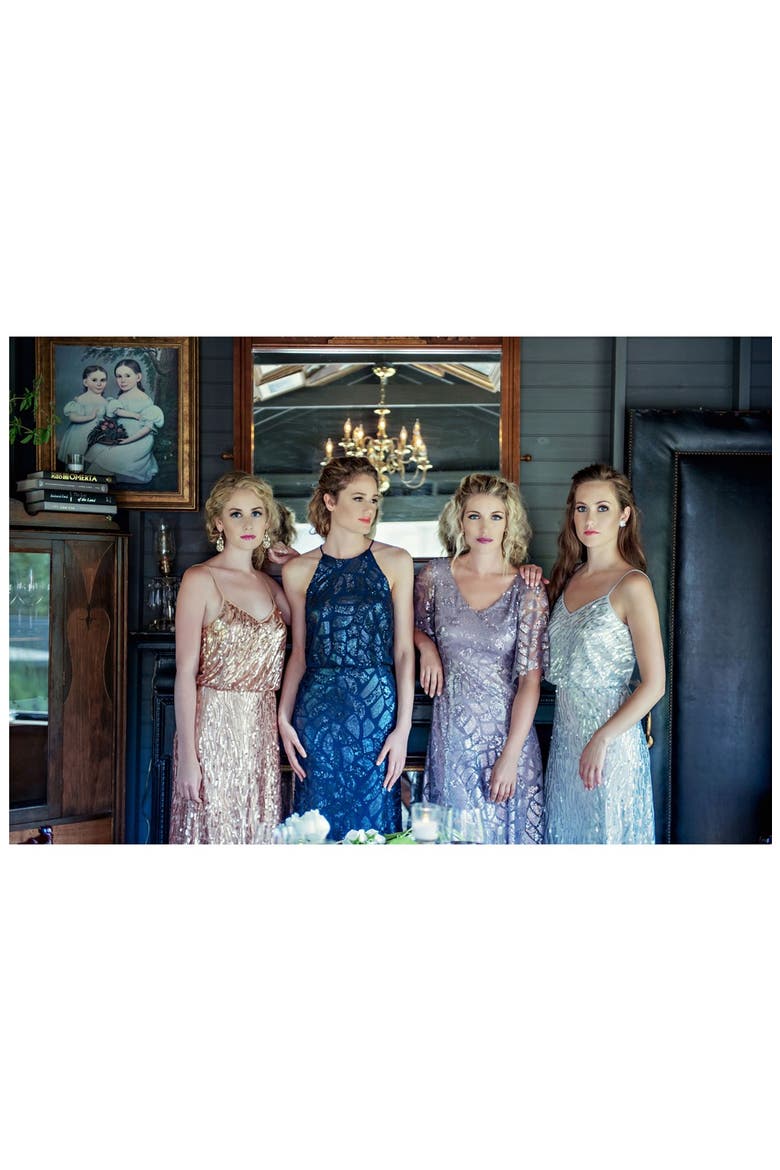 'Courtney' Spaghetti Strap Sequin Blouson Gown, Alternate, color, CLOUD