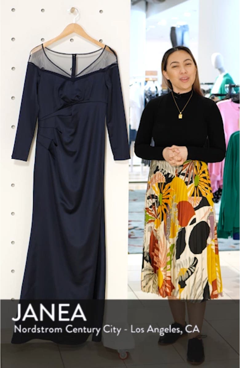 Long Sleeve Illusion Off the Shoulder Satin Gown, sales video thumbnail