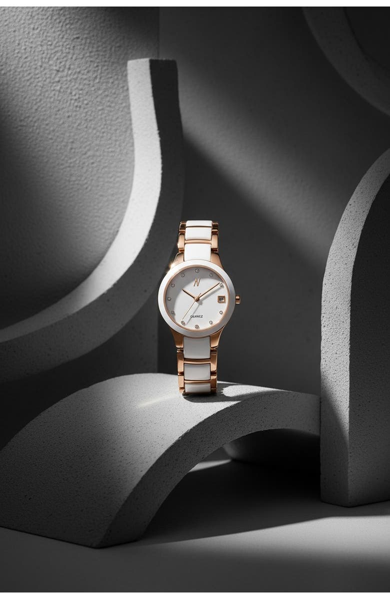 NCMPRBL Petite Link Butterscotch Quartz Movement Ceramic Bracelet Watch, 34MM, Alternate, color, White Brilliant, Rose Gold