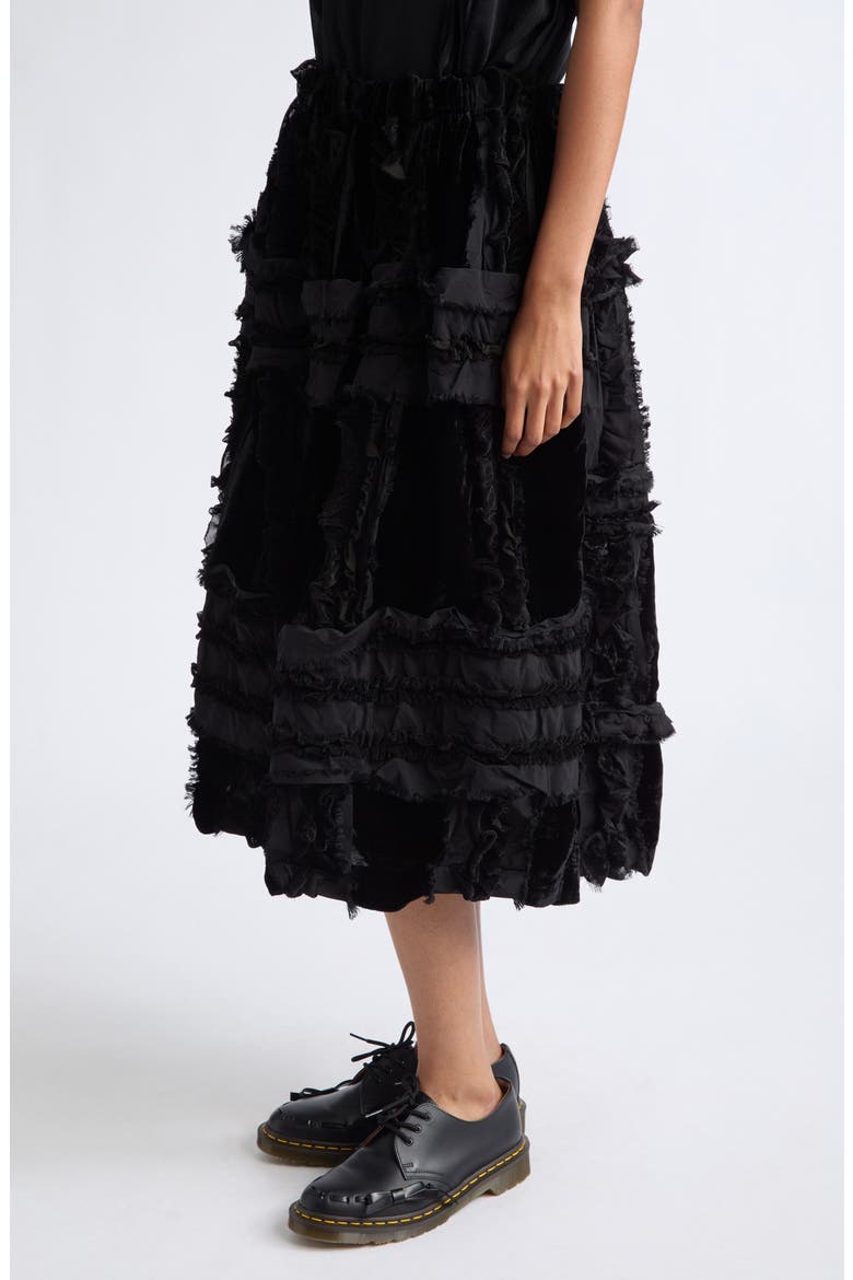 Mixed Material Ruffle Midi Skirt, Alternate, color, BLACK