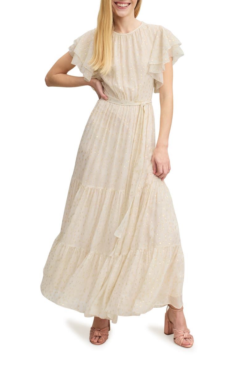LK Bennett Liv Metallic Dot Silk Blend Tiered Maxi Dress, Main, color, Cream