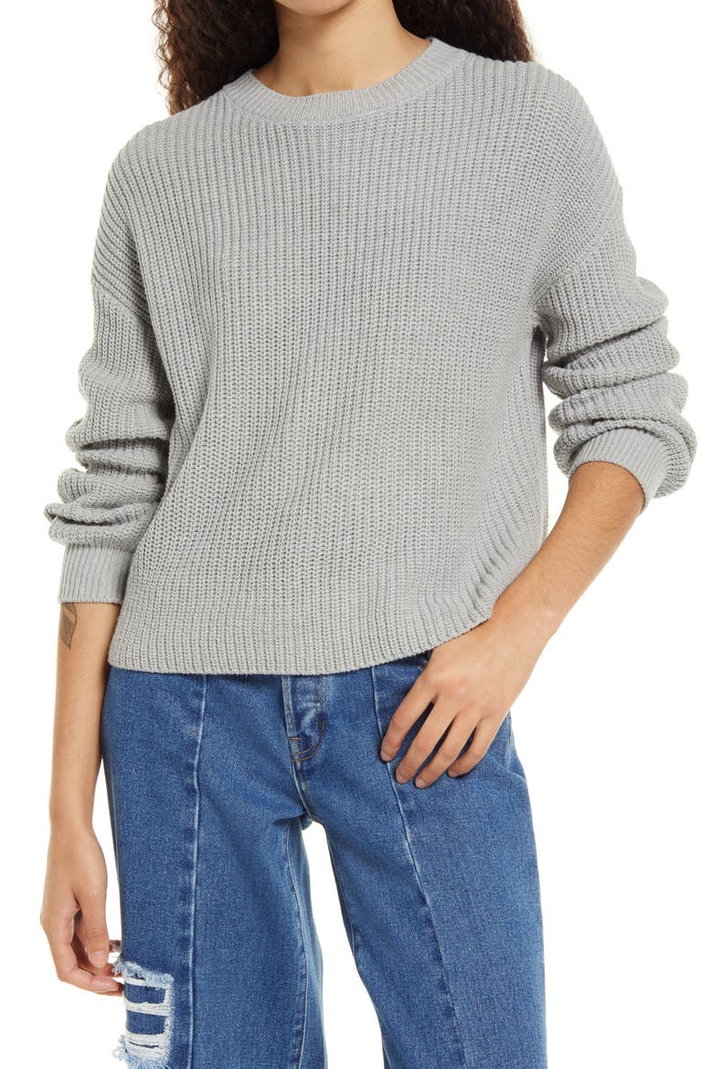 Cleo Crop Crewneck Sweater, Main, color, GREY HEATHER
