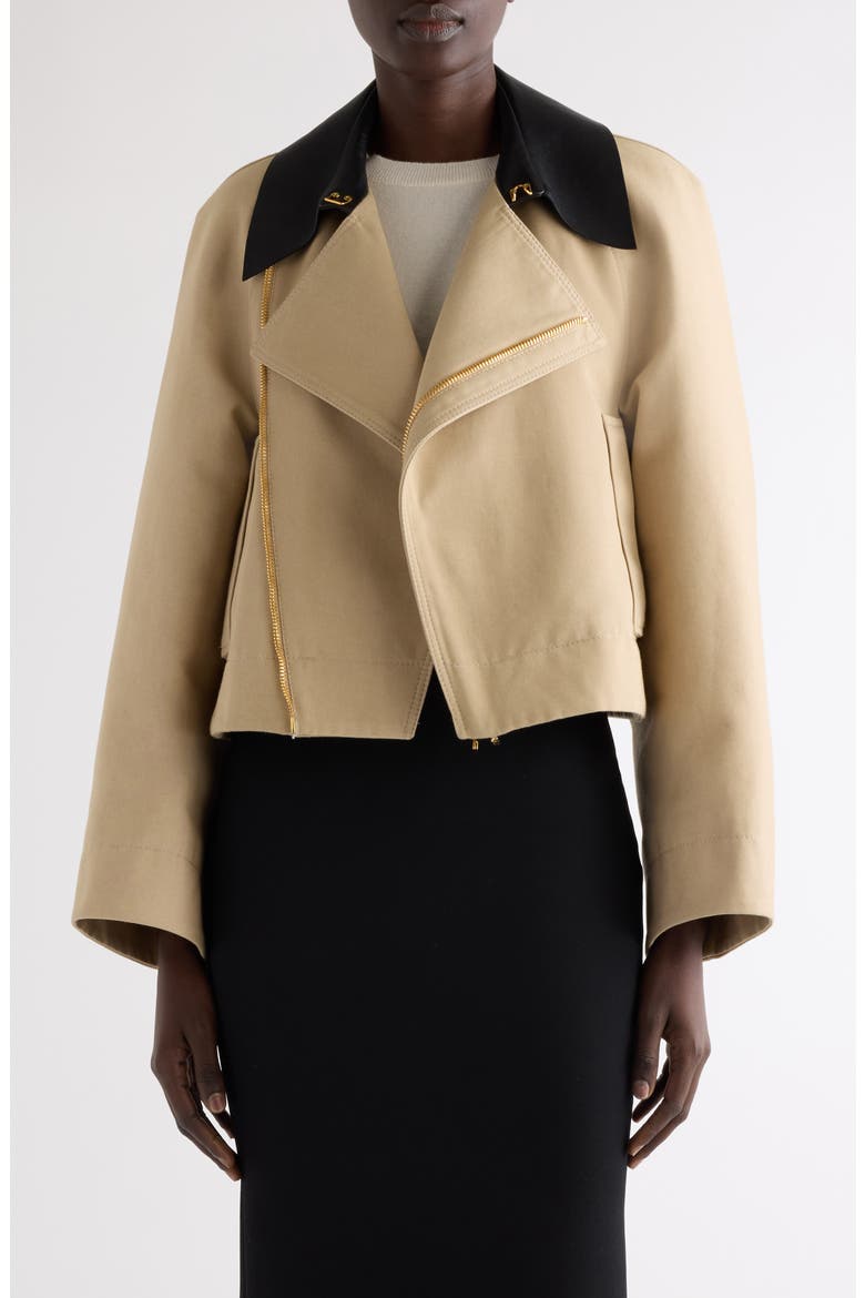 Leather Collar Gabardine Crop Trench Jacket, Main, color, BEIGE