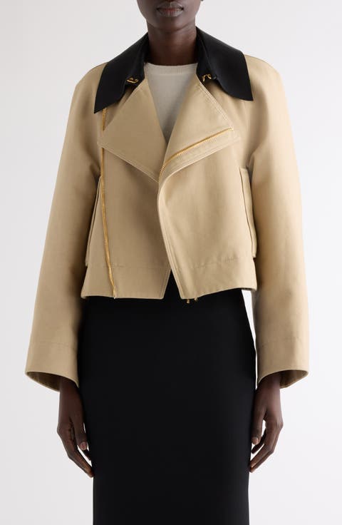 Leather Collar Gabardine Crop Trench Jacket