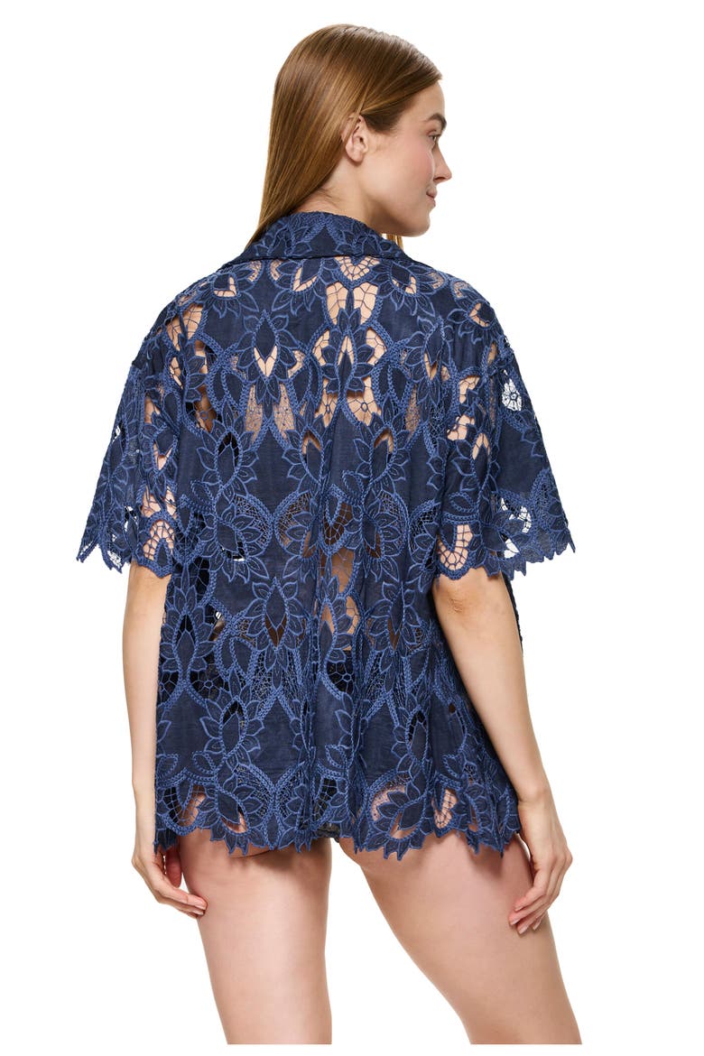 Guipure Lace Short Sleeve Button Down Shirt Cover-Up, Alternate, color, Navy