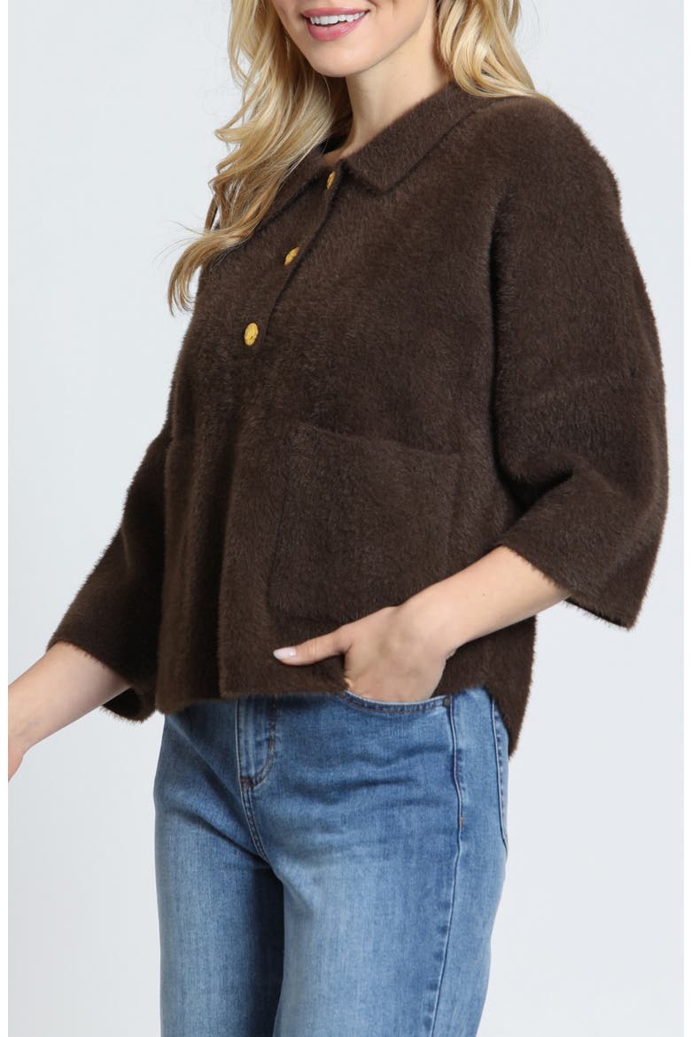 Fuzzy Polo Sweater, Alternate, color, CHOCOLATE BROWN
