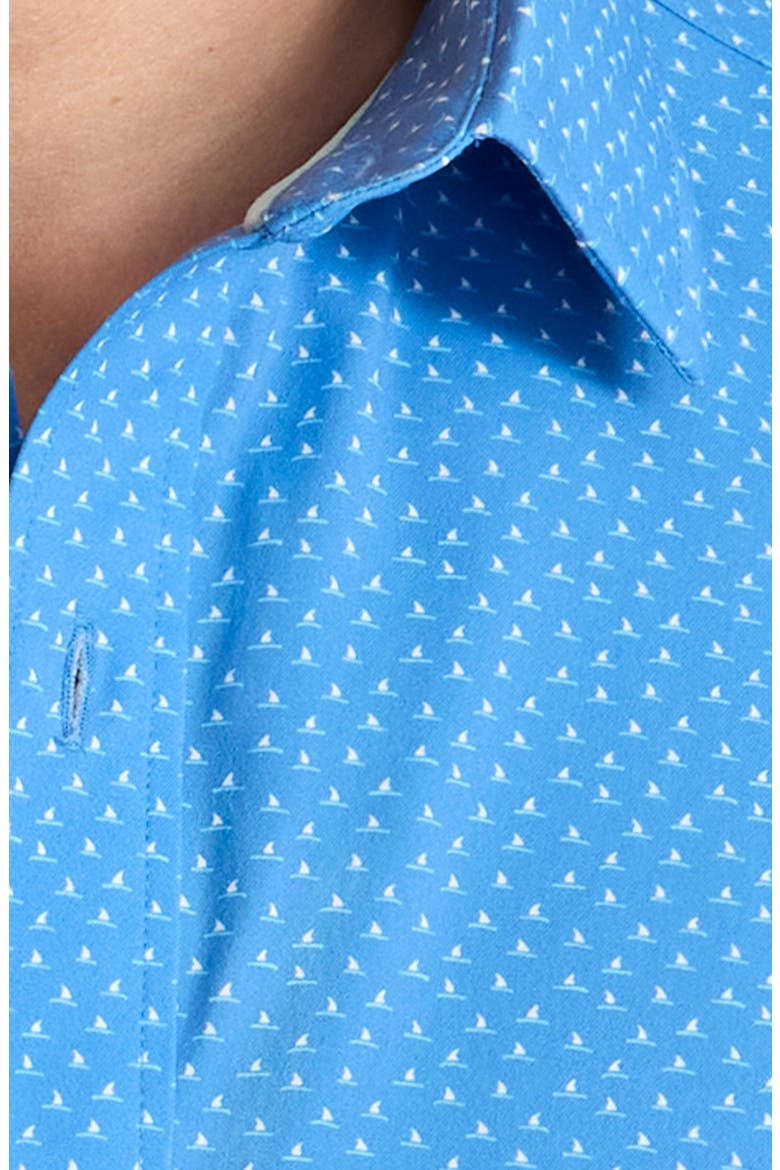 Sailboat Print Short Sleeve Performance Button-Up Shirt, Alternate, color, BLUE