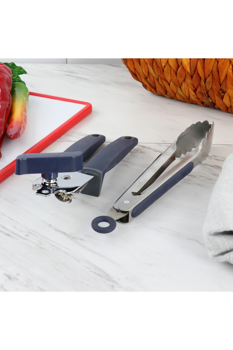 2 Piece Stainless Steel Can Opener and Tongs Set, Alternate, color, Navy