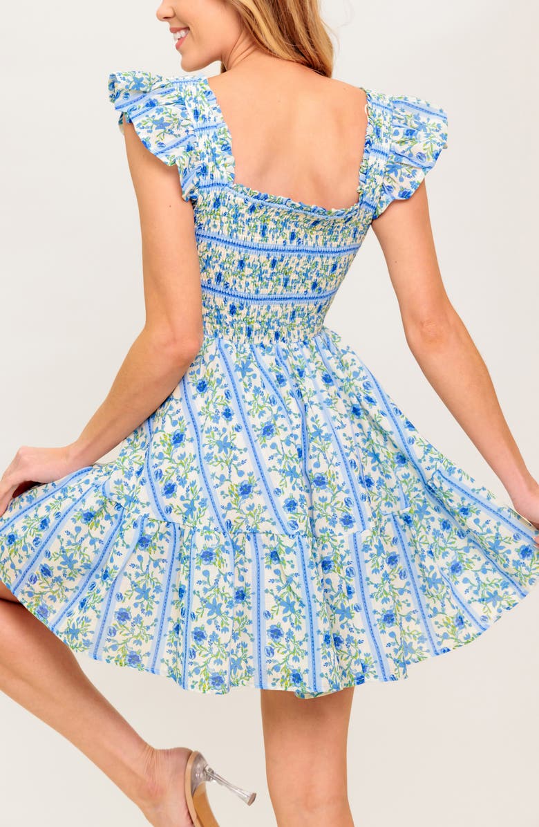 FLYING TOMATO Flutter Sleeve Smocked Minidress, Alternate, color, Ivory/ Blue