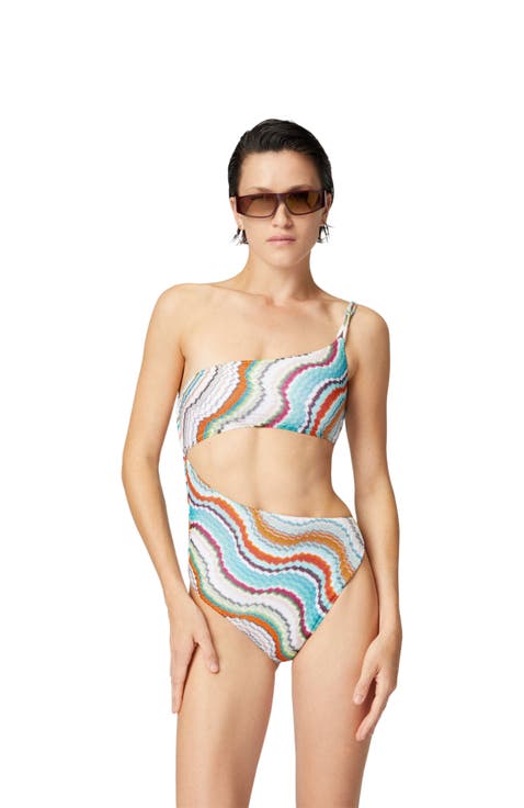 One-shoulder One-piece Swimsuit With Lamé Wave Motif And Cut-out Detail