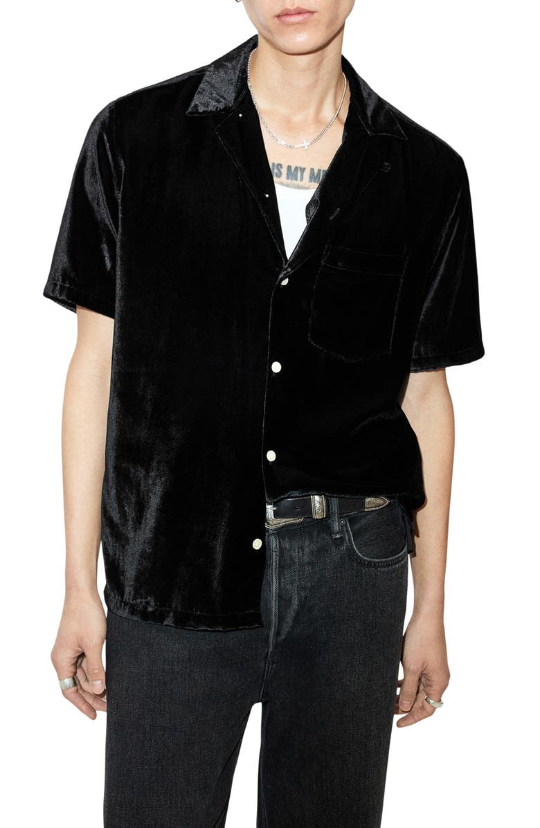 AllSaints Runa Relaxed Fit Velveteen Short Sleeve Button-Up Shirt, Main, color, Jet Black